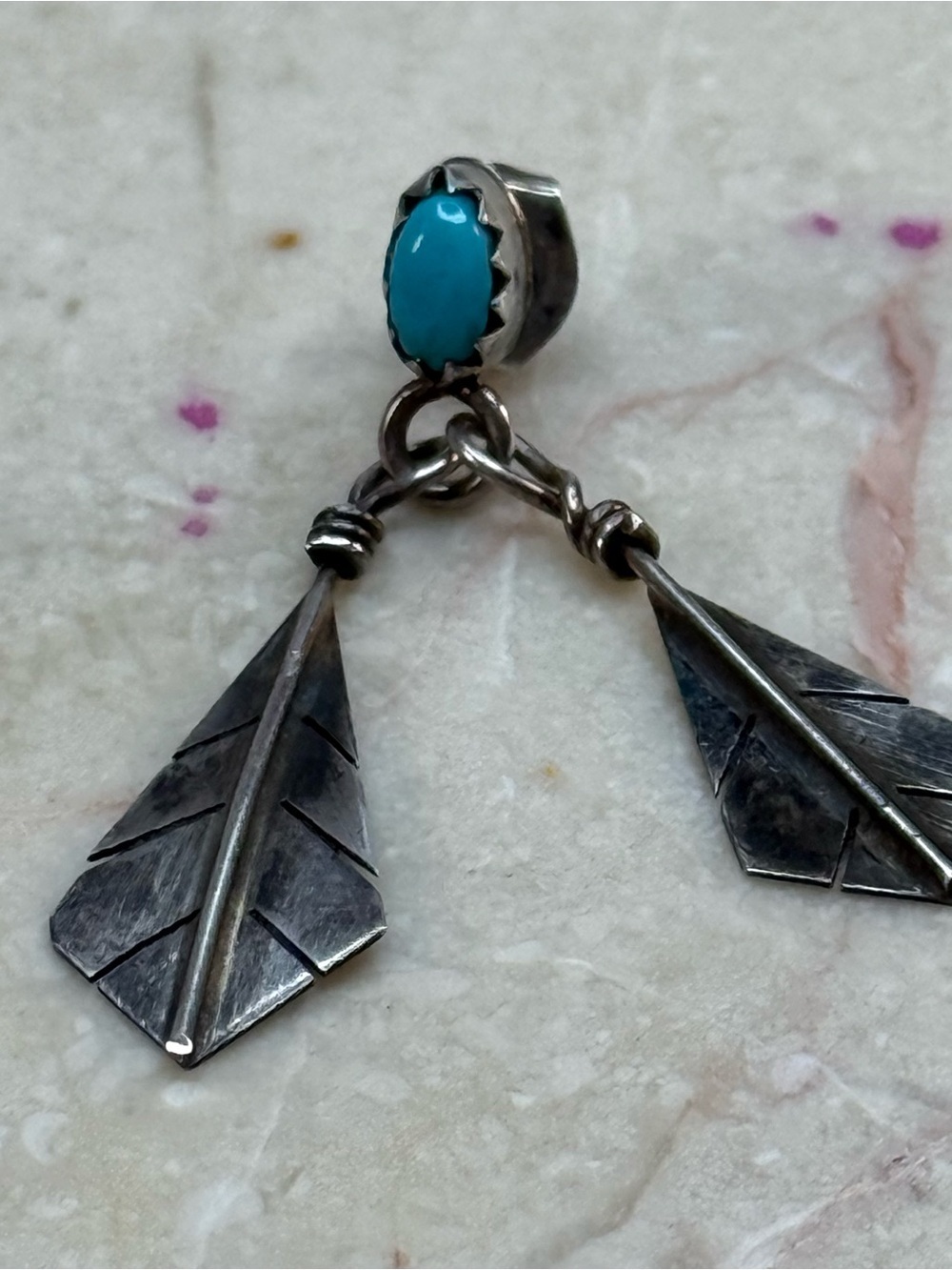 Navajo Indian Turquoise Feather Drop Silver Single Earring